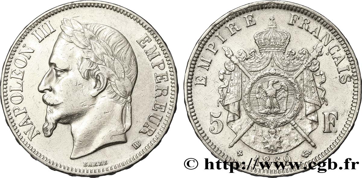 5 francs Napoléon III, tête laurée 1869 Strasbourg F.331/15 MBC48 