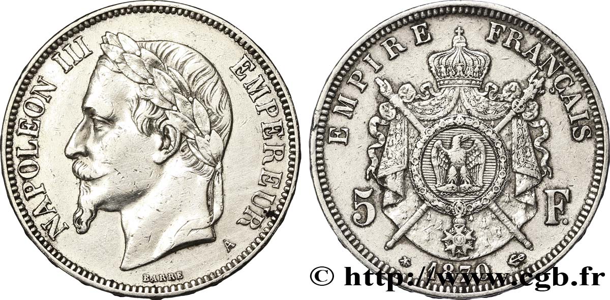 5 francs Napoléon III, tête laurée 1870 Paris F.331/16 TTB50 