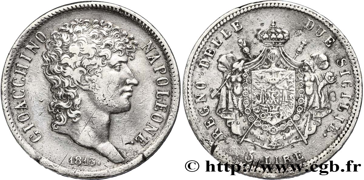 5 lire 1813 Naples VG.2255  VF30 