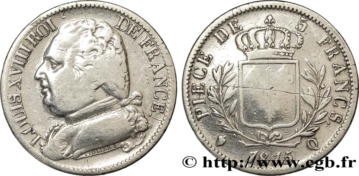5 francs Louis XVIII, buste habillé 1815 Perpignan F.308/29 TB20 