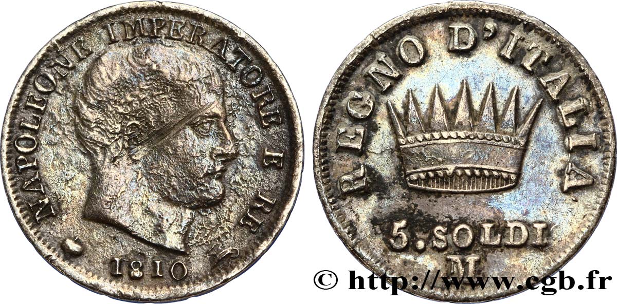 5 soldi Napoléon Empereur et Roi d’Italie 1810 Milan M.280  SS45 