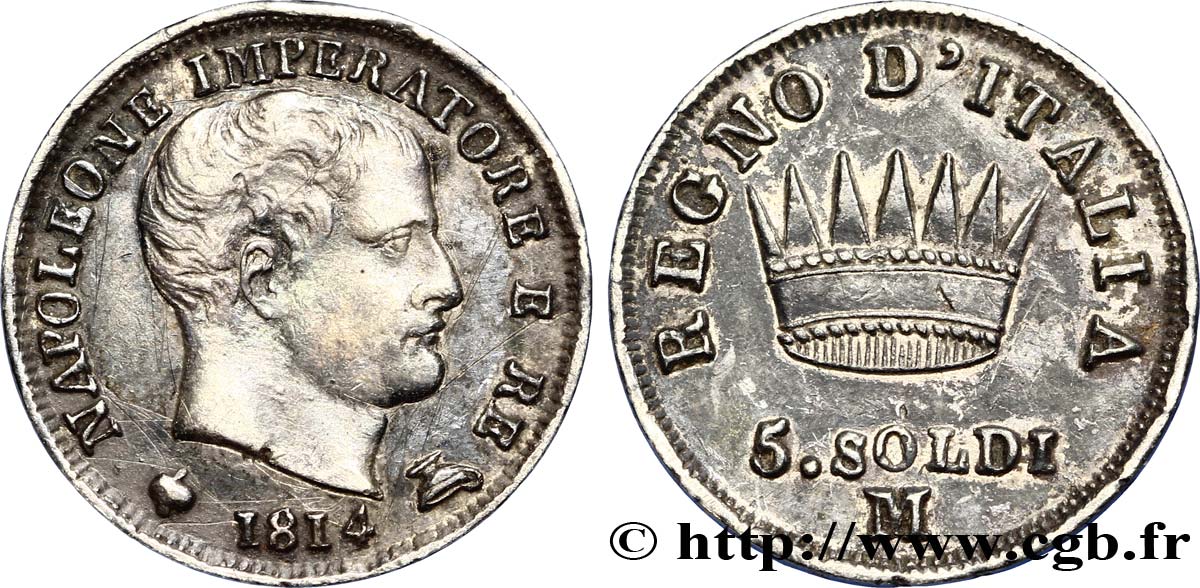 5 soldi Napoléon Empereur et Roi d’Italie 1814 Milan M.285  AU50 