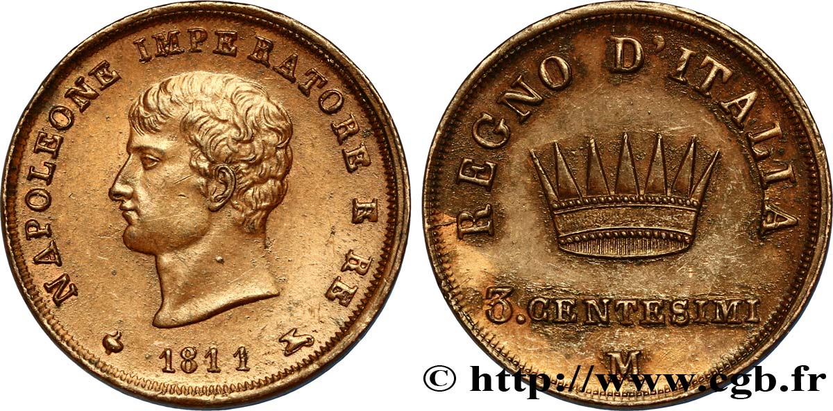 3 centesimi Napoléon Empereur et Roi d’Italie, 2eme type 1811 Milan M.310  BB50 
