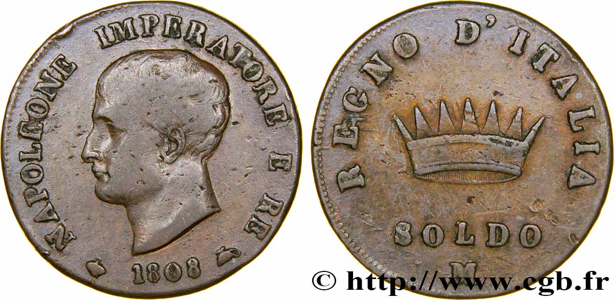 Soldo Napoléon Empereur et Roi d’Italie, 1er type 1808 Milan M.297  TB20 