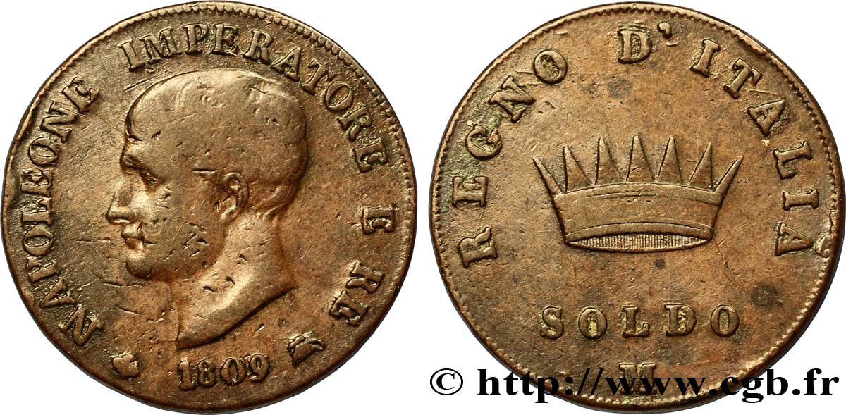 Soldo Napoléon Empereur et Roi d’Italie, 1er type 1809 Milan M.298  TB25 