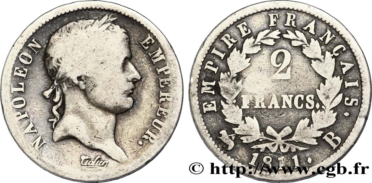 2 francs Napoléon Ier tête laurée, Empire français 1811 Rouen F.255/25 BC20 