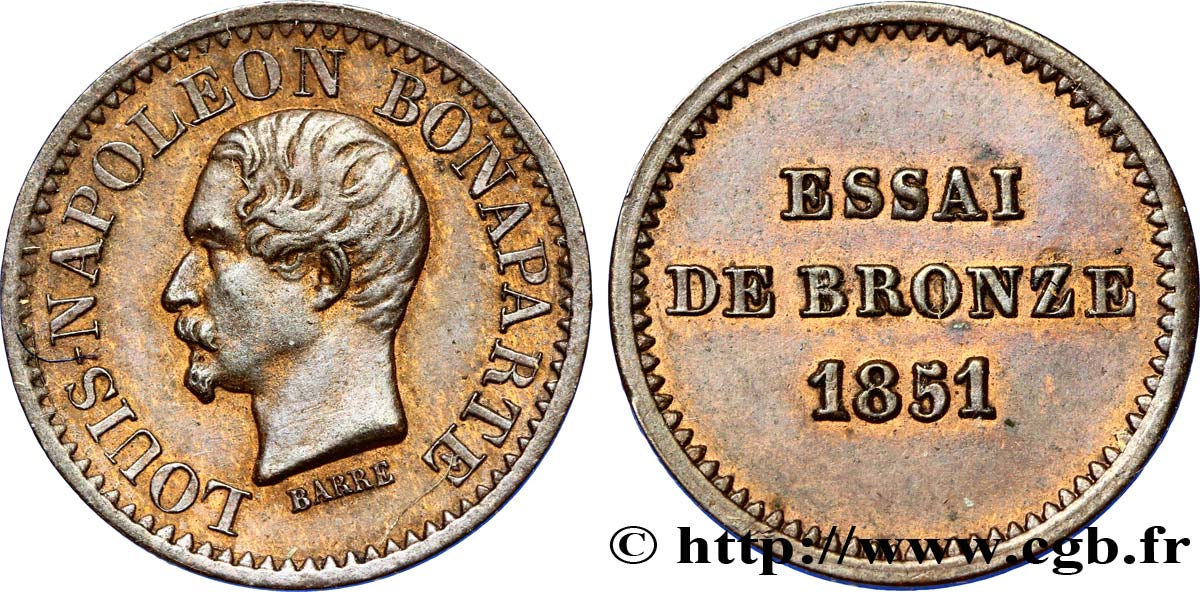 Essai de bronze au module de un centime, Louis-Napoléon Bonaparte 1851 Paris VG.3297  AU52 