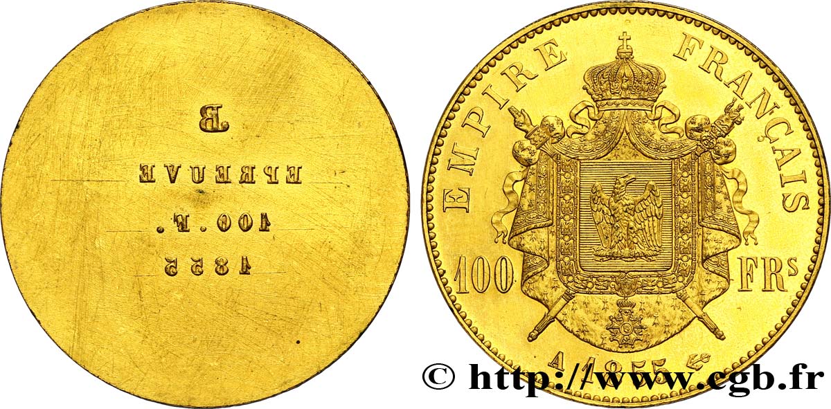 Essai de frappe de revers de 100 francs or Napoléon III tête nue 1855 Paris VG.3406  SC64 