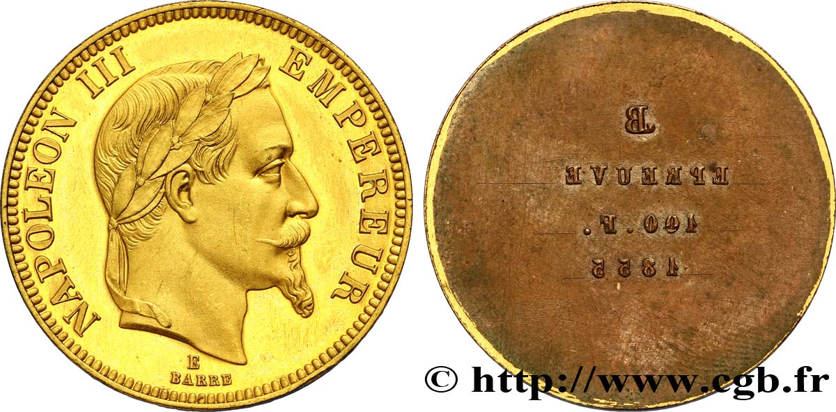 Essai de frappe d’avers de 100 francs or Napoléon III tête laurée n.d.  VG.3414  SC64 