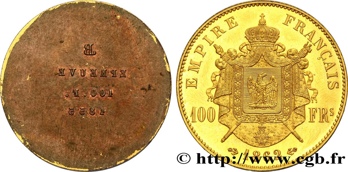 Essai de frappe de revers de 100 francs or Napoléon III tête laurée 1862 Paris VG.3414  fST64 