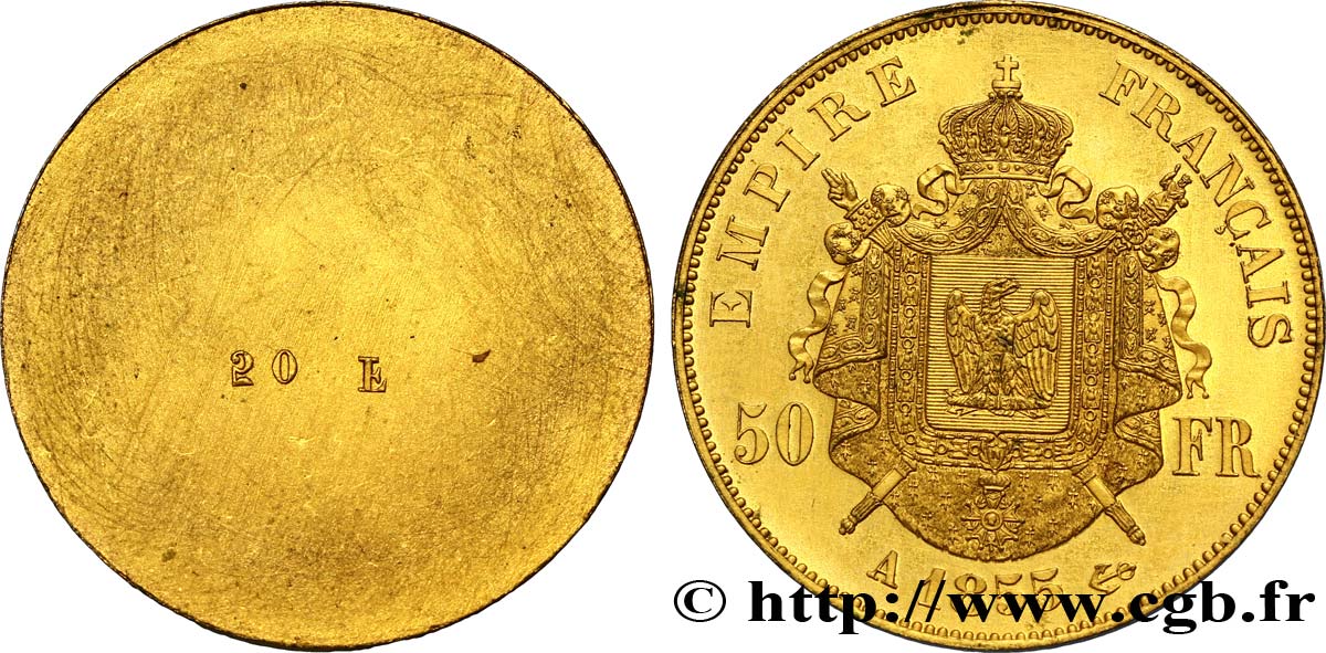 Essai de frappe de revers de 50 francs or Napoléon III tête nue 1855 Paris VG.3408  SPL64 