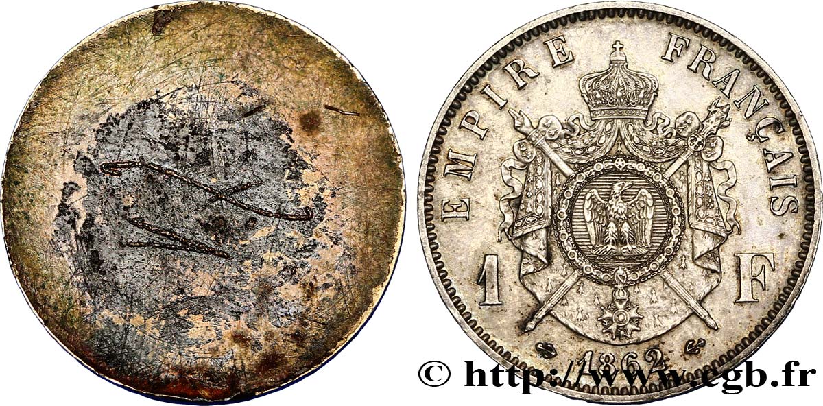 Essai uniface de revers de 1 franc Napoléon III, tête laurée 1862  VG.3625  SC63 