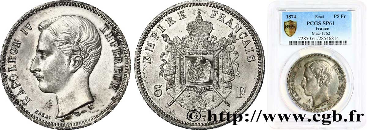 Essai de 5 francs en argent 1874 Bruxelles VG.3760  VZ61 PCGS