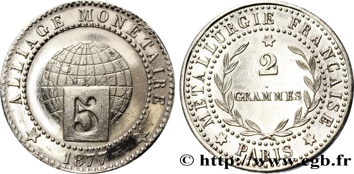 Essai d’alliage de 5 centimes 1877 Paris GEM.256 1 SUP 