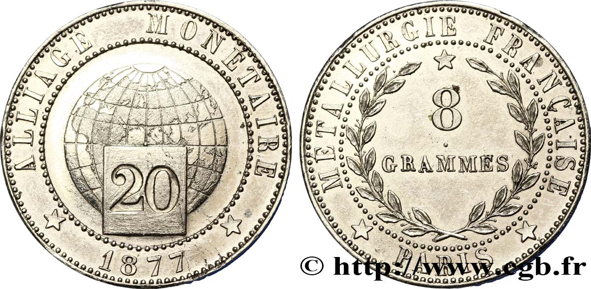 Essai d’alliage de 20 centimes 1877 Paris GEM.256 3 SUP 