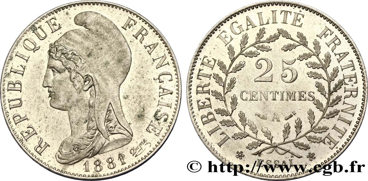 Essai de 25 centimes d’après Dupré, sur flan rond 1881 Paris VG.3969  SUP60 