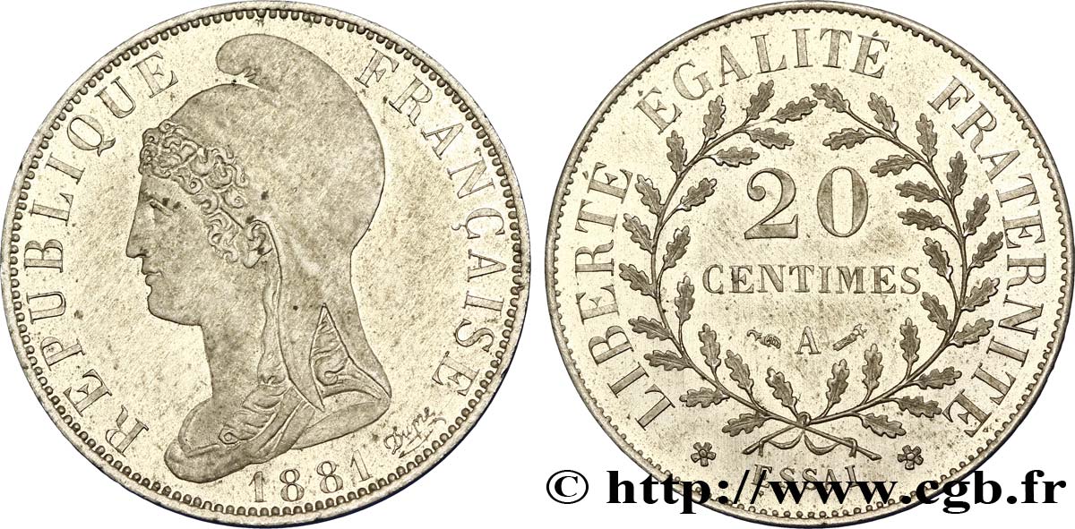 Essai de 20 centimes d’après Dupré, sur flan rond 1881 Paris VG.3970  SUP60 