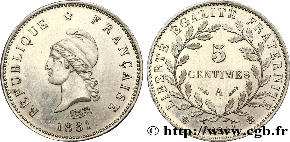 Essai de 5 centimes d’après Dupré, sur flan rond 1881 Paris VG.3972  EBC62 