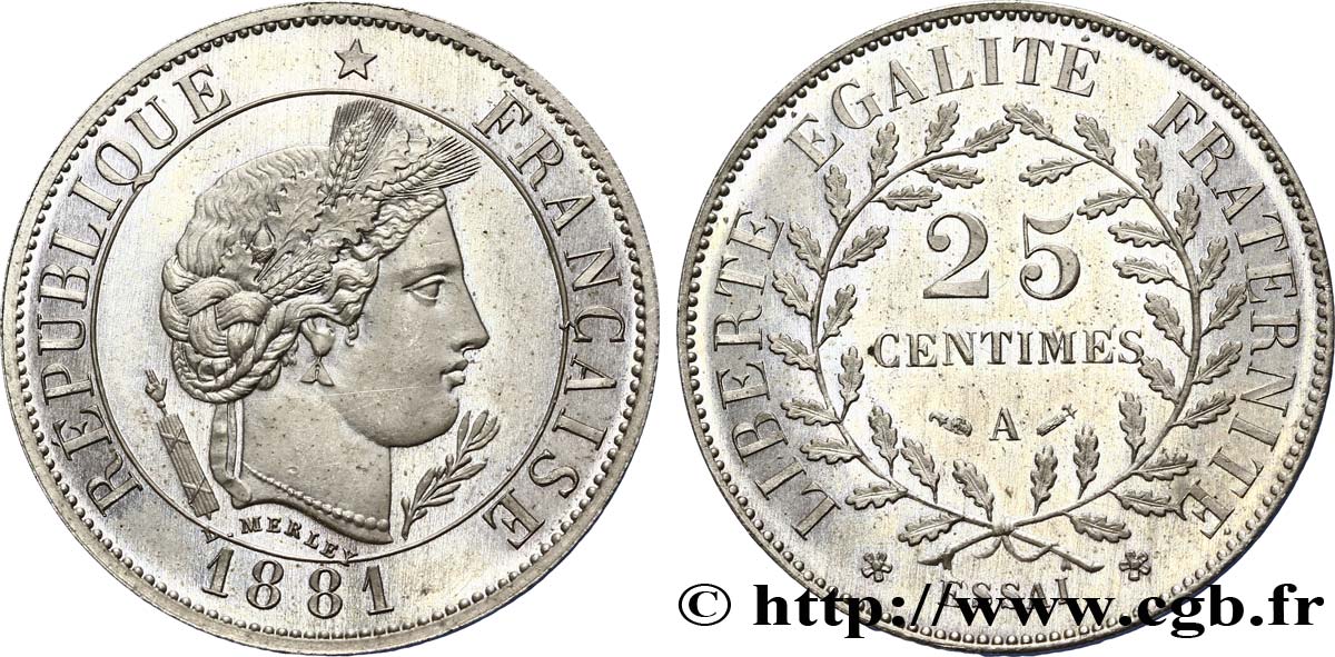 Essai de 25 centimes Merley 1881 Paris GEM.58 2 MS63 