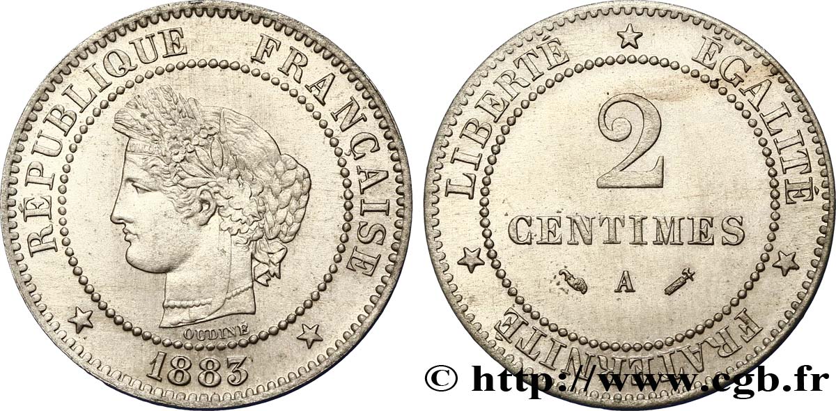 2 centimes Cérès, sur flan en maillechort 1883 Paris GEM.5 4 MS60 