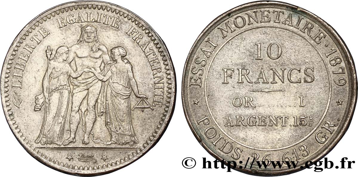 Faux essai monétaire de 10 francs “Or 1 - Argent 15 1/2” 1879  VG.3937  var. TTB50 