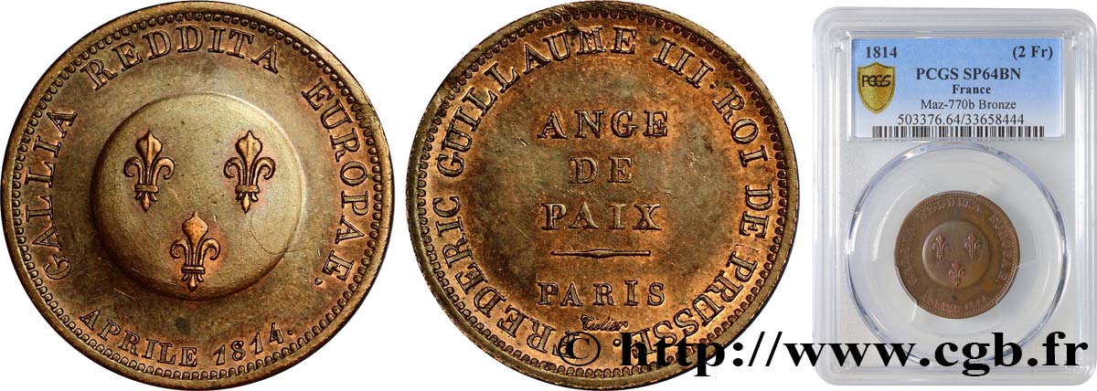 Ange de Paix, module de 2 francs pour Frédéric-Guillaume de Prusse 1814 Paris VG.2358  MS64 PCGS