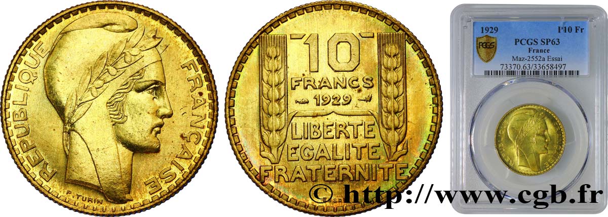 Concours de 10 francs, essai de Turin en bronze-aluminium 1929 Paris VG.5243  SPL63 PCGS