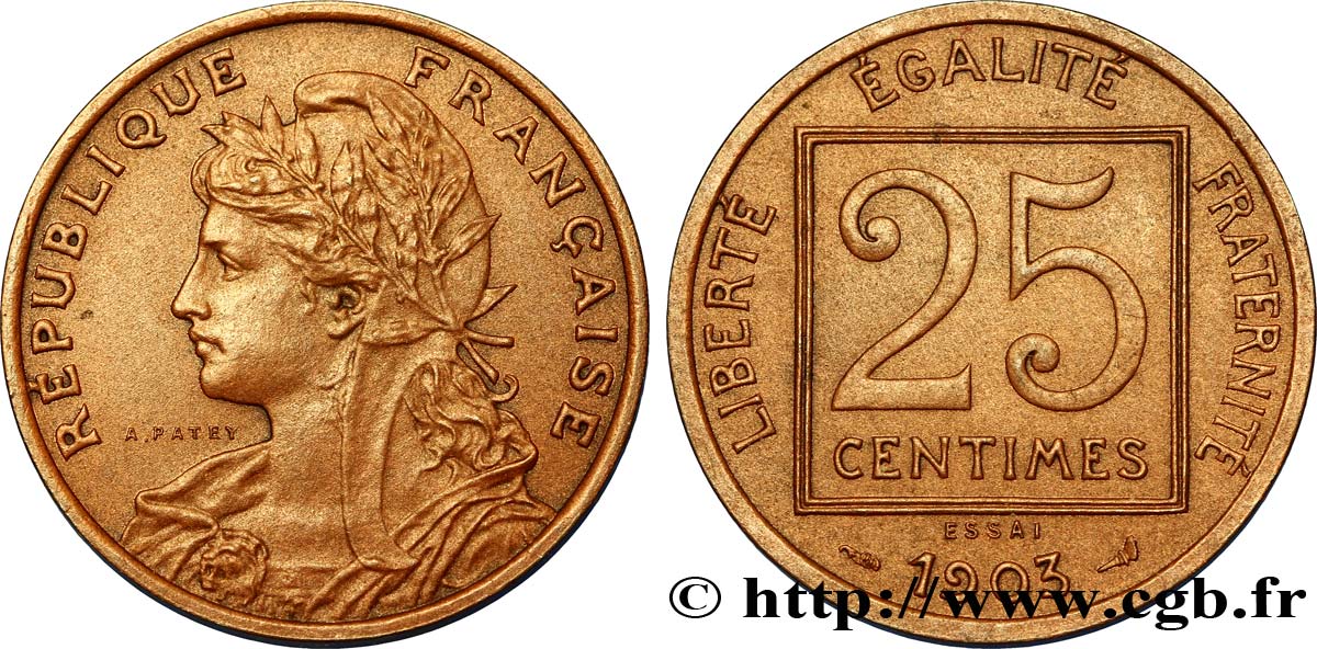 Essai en bronze de 25 centimes Patey, 1er type 1903  VG.manque  AU52 