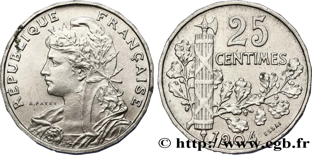 Essai de 25 centimes Patey, 2e type, tranche à 22 pans 1904 Paris F.169/1 EBC60 