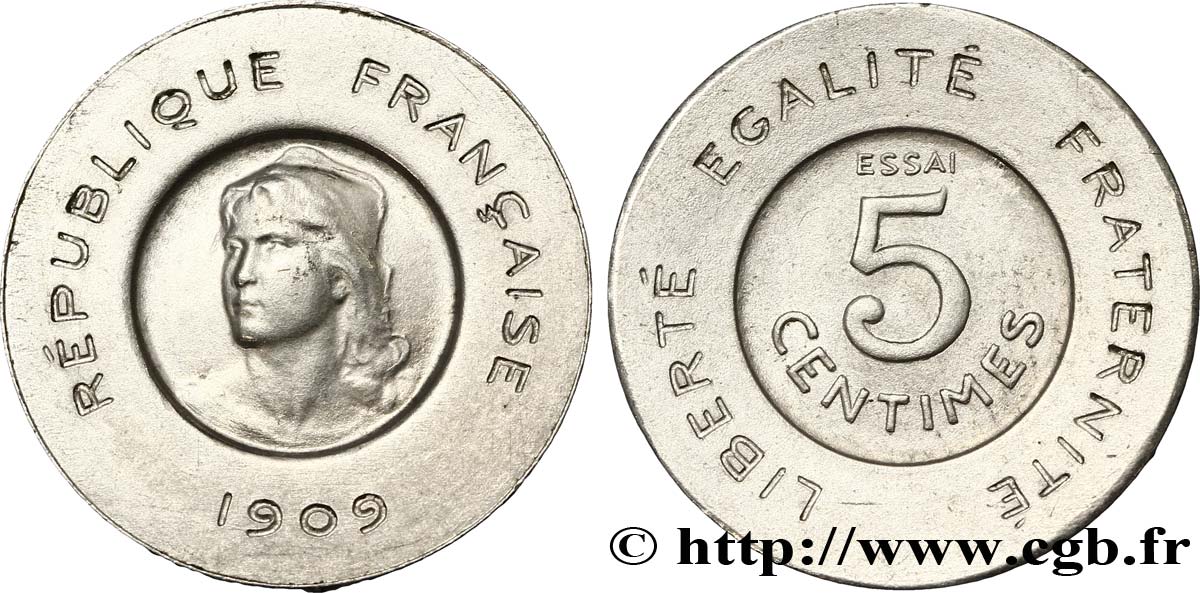 Essai de 5 centimes Rude en aluminium 1909 Paris GEM.15 8 MS62 