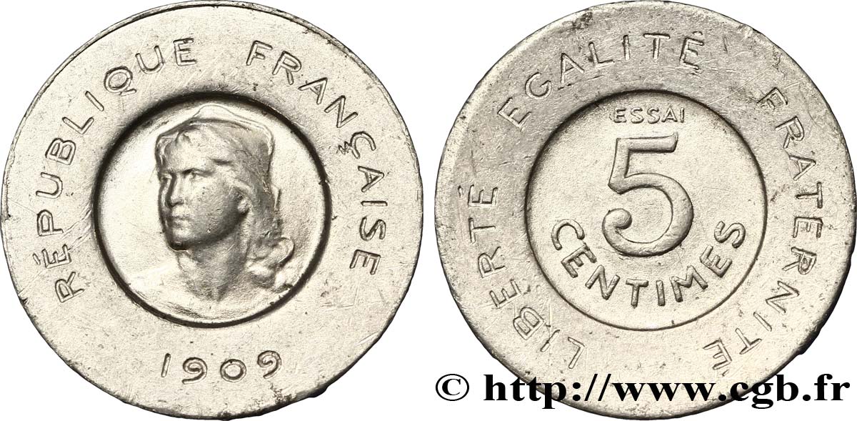 Essai de 5 centimes Rude en aluminium 1909 Paris GEM.15 8 AU55 
