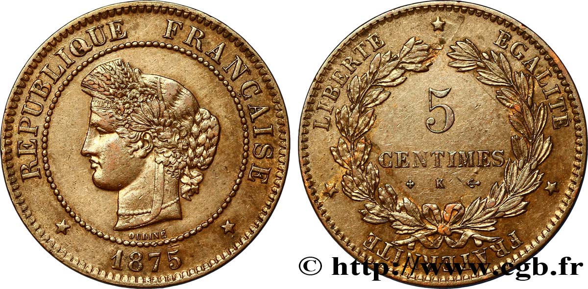 5 centimes Cérès 1875 Bordeaux F.118/12 AU50 