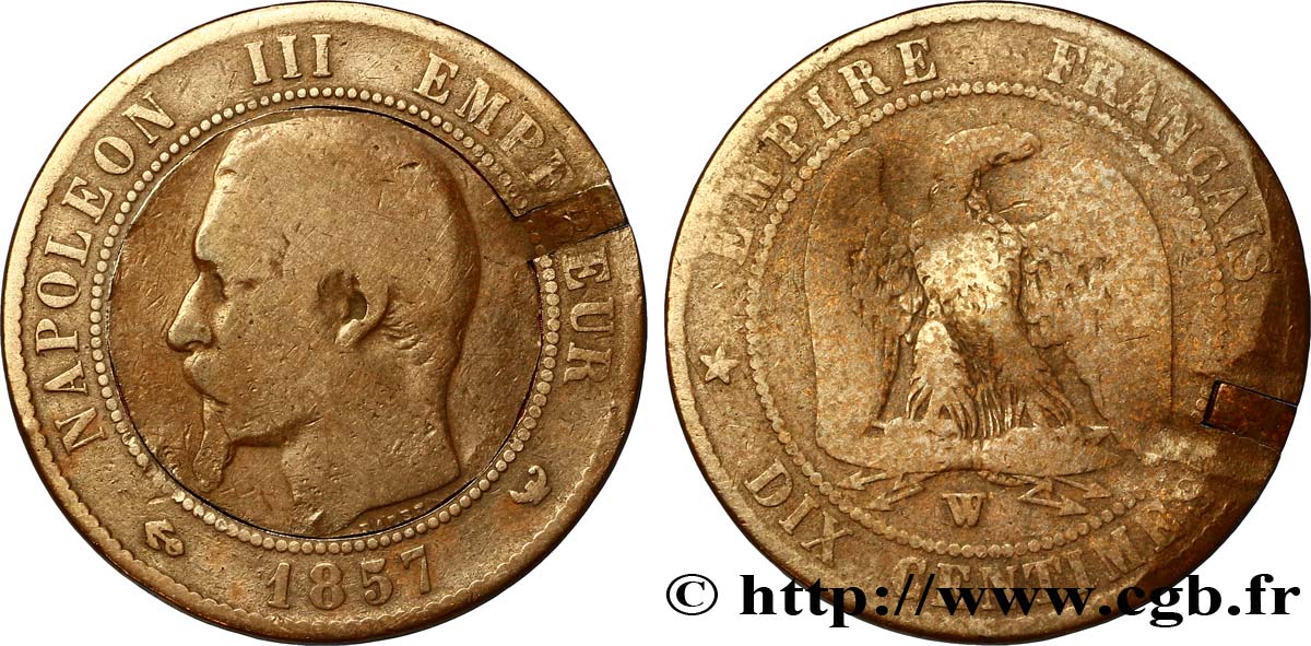 Satirique ou boîte de forçat sur Dix centimes Napoléon III, tête nue 1857 Lille F.133/46 B12 