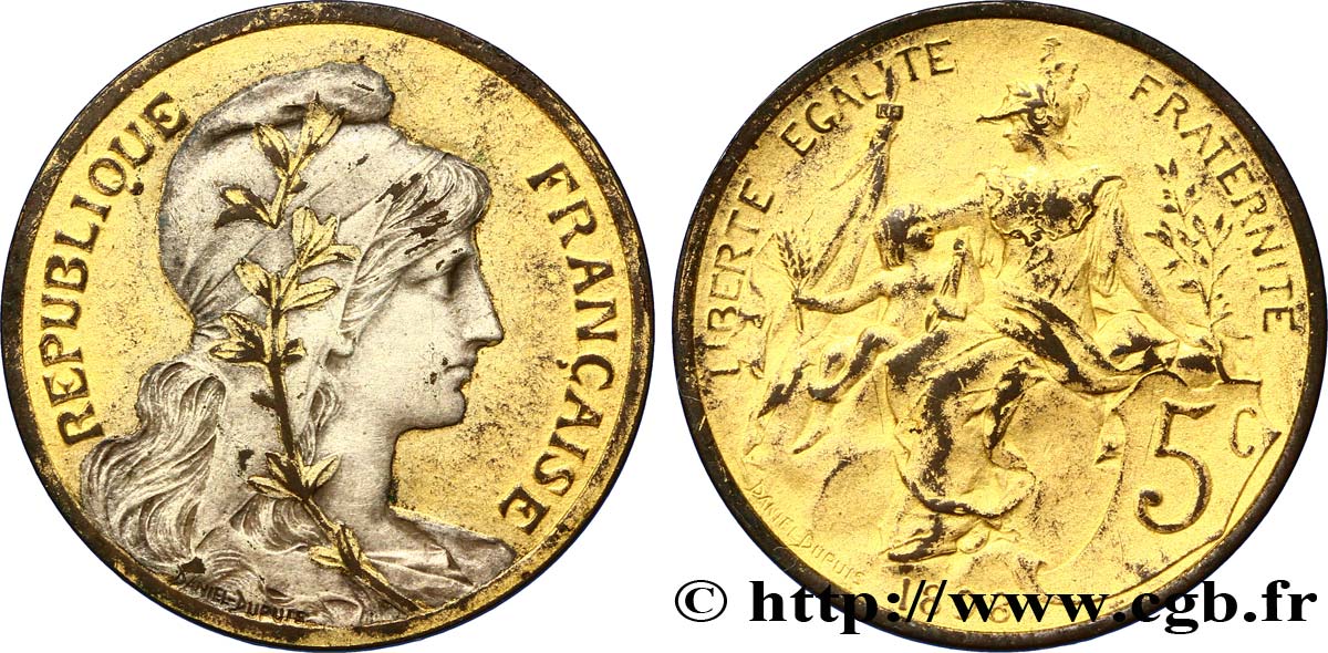 5 centimes Daniel-Dupuis, argenté et doré 1898  F.119/5 var. AU58 