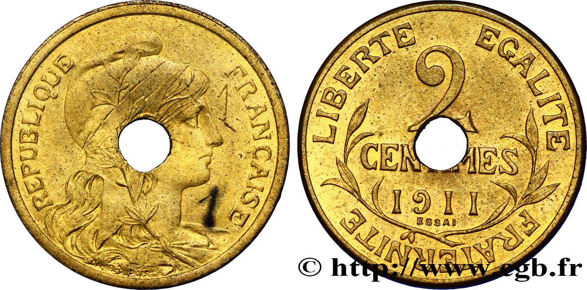 Essai de 2 centimes Daniel-Dupuis, perforé 1911  VG.4701  MS63 