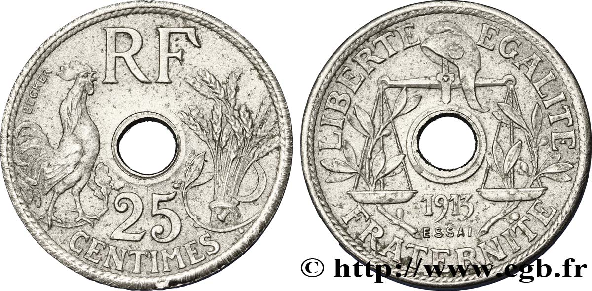 Essai de 25 centimes par Becker, petit module 1913 Paris VG.4809  SPL60 