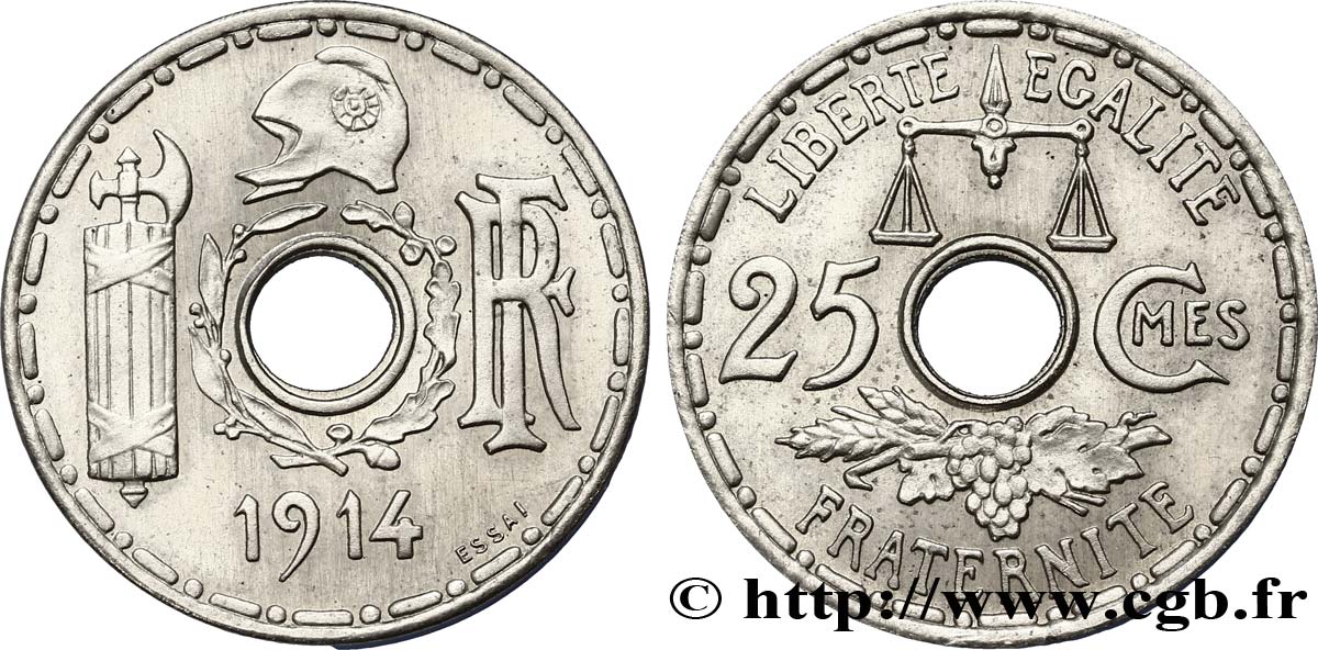 Essai de 25 centimes par Becker, grand module 1914 Paris GEM.67 5 var. fST63 