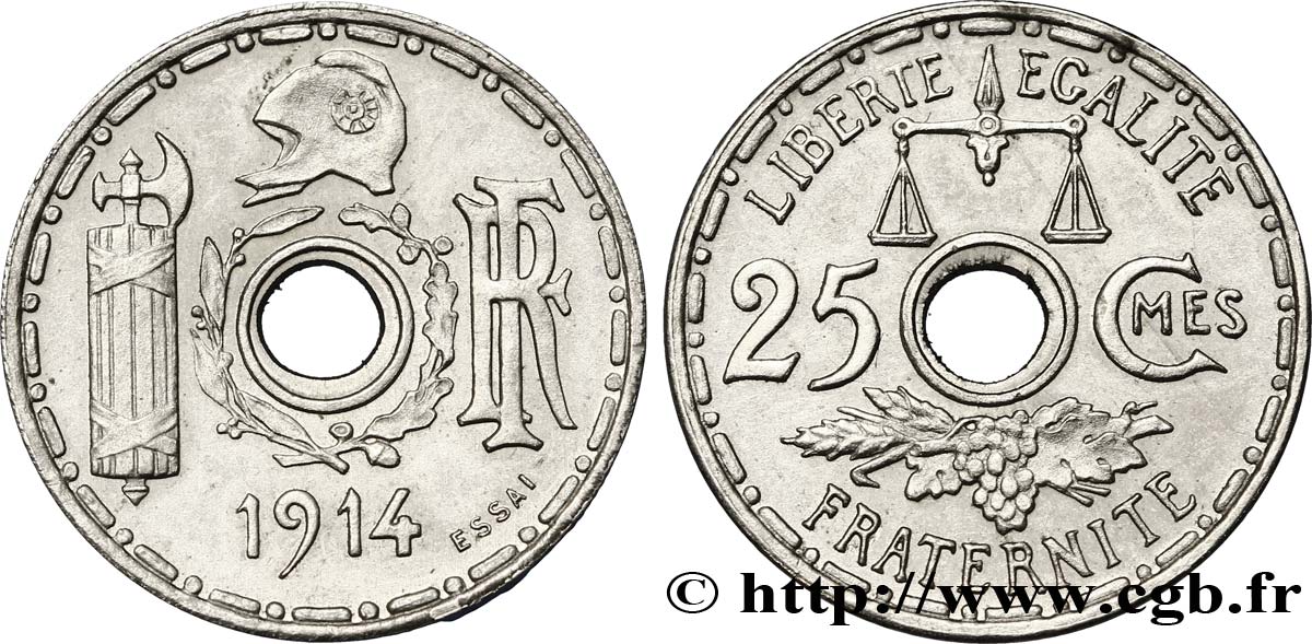 Essai de 25 centimes par Becker, petit module 1914 Paris GEM.67 6 SUP62 