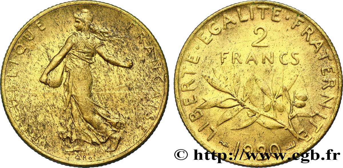 2 francs Semeuse, sur flan en bronze-aluminium 1920  F.266/22 var. AU58 