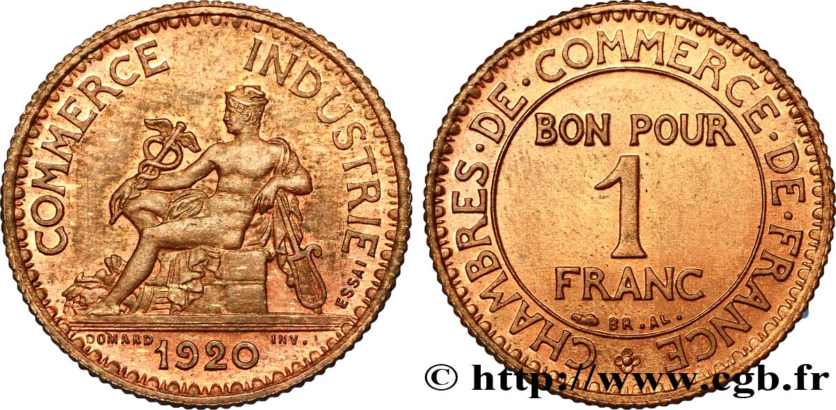 Essai de 1 franc Chambres de Commerce en cuivre 1920 Paris F.218/1 var. EBC62 