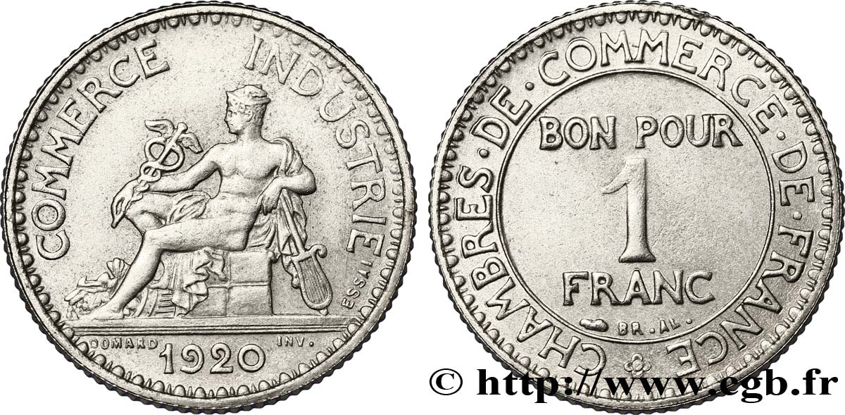 Essai de 1 franc Chambres de Commerce en nickel 1920 Paris F.218/1 var. VZ60 