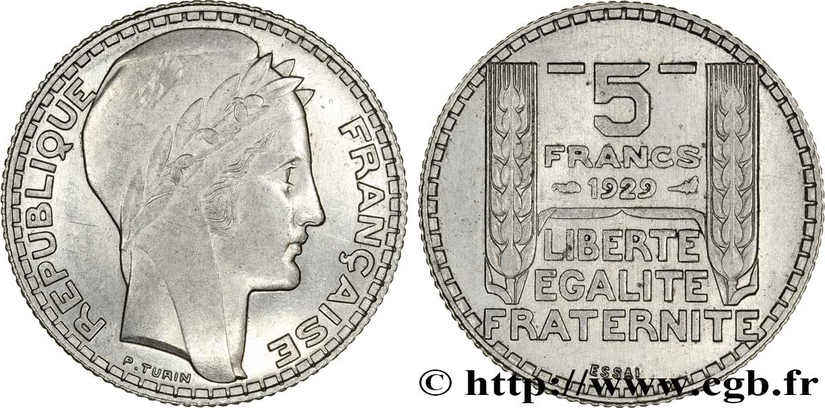 Concours de 5 francs, essai de Turin en nickel, poids 5 g 1929 Paris VG.5243 b VZ60 