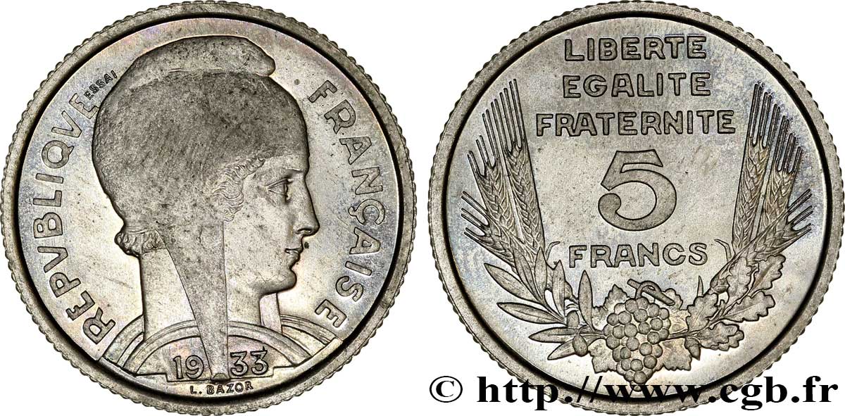 Concours de 5 francs, essai de Bazor en cupro-nickel non magnétique, poids standard 1933 Paris F.335/1 var. SC64 