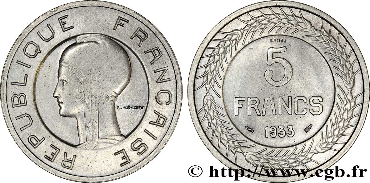 Concours de 5 francs, essai de Cochet en nickel 1933 Paris VG.5354  VZ60 