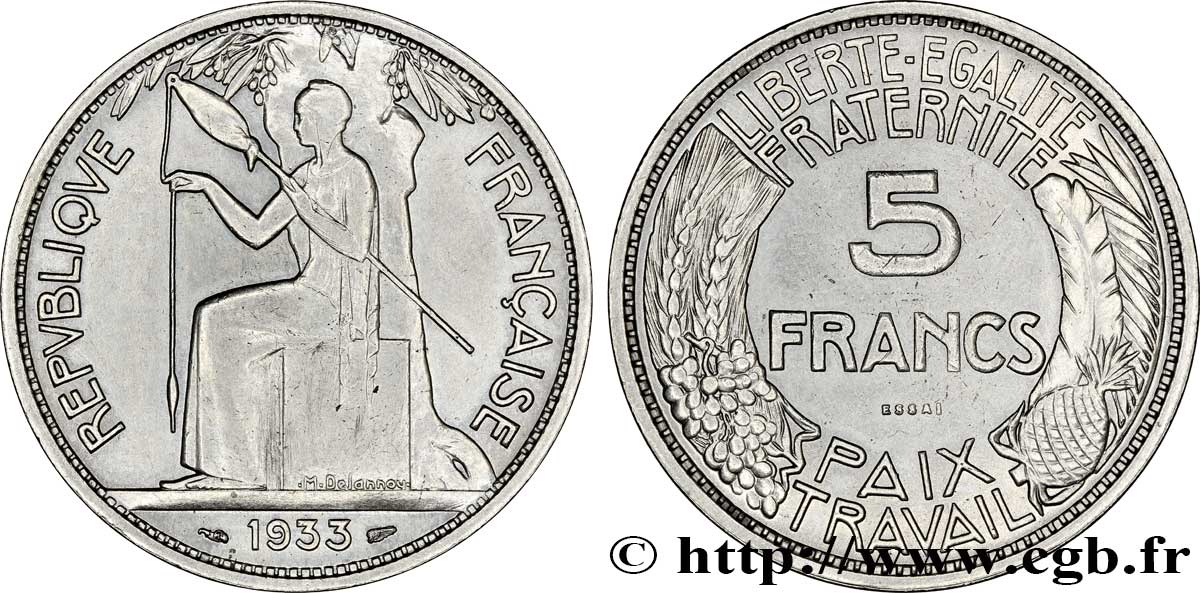 Concours de 5 francs, essai de Delannoy 1933 Paris GEM.136 1 MS62 