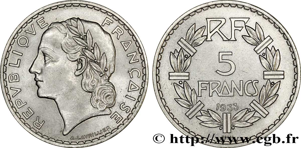 Concours de 5 francs, essai de Lavrillier en nickel, sans différents 1933 Paris VG.5357  MS62 
