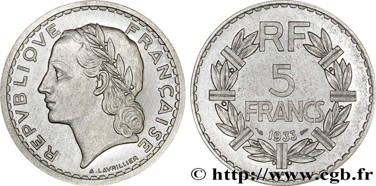 Concours de 5 francs, essai de Lavrillier en aluminium, poids léger 1933 Paris VG.-  EBC62 