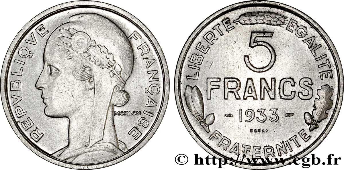 Concours de 5 francs, essai de Morlon en nickel 1933 Paris VG.5359  SUP58 