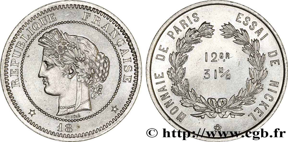 Concours de 5 francs, essai d’Oudiné (12 g / 31 mm) n.d. Paris VG.5352  SPL63 