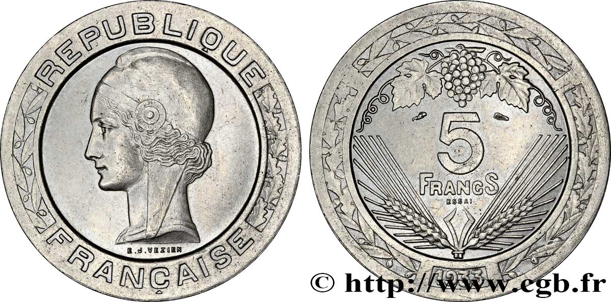 Concours de 5 francs, essai de Vézien, en nickel 1933 Paris VG.5360  SPL60 